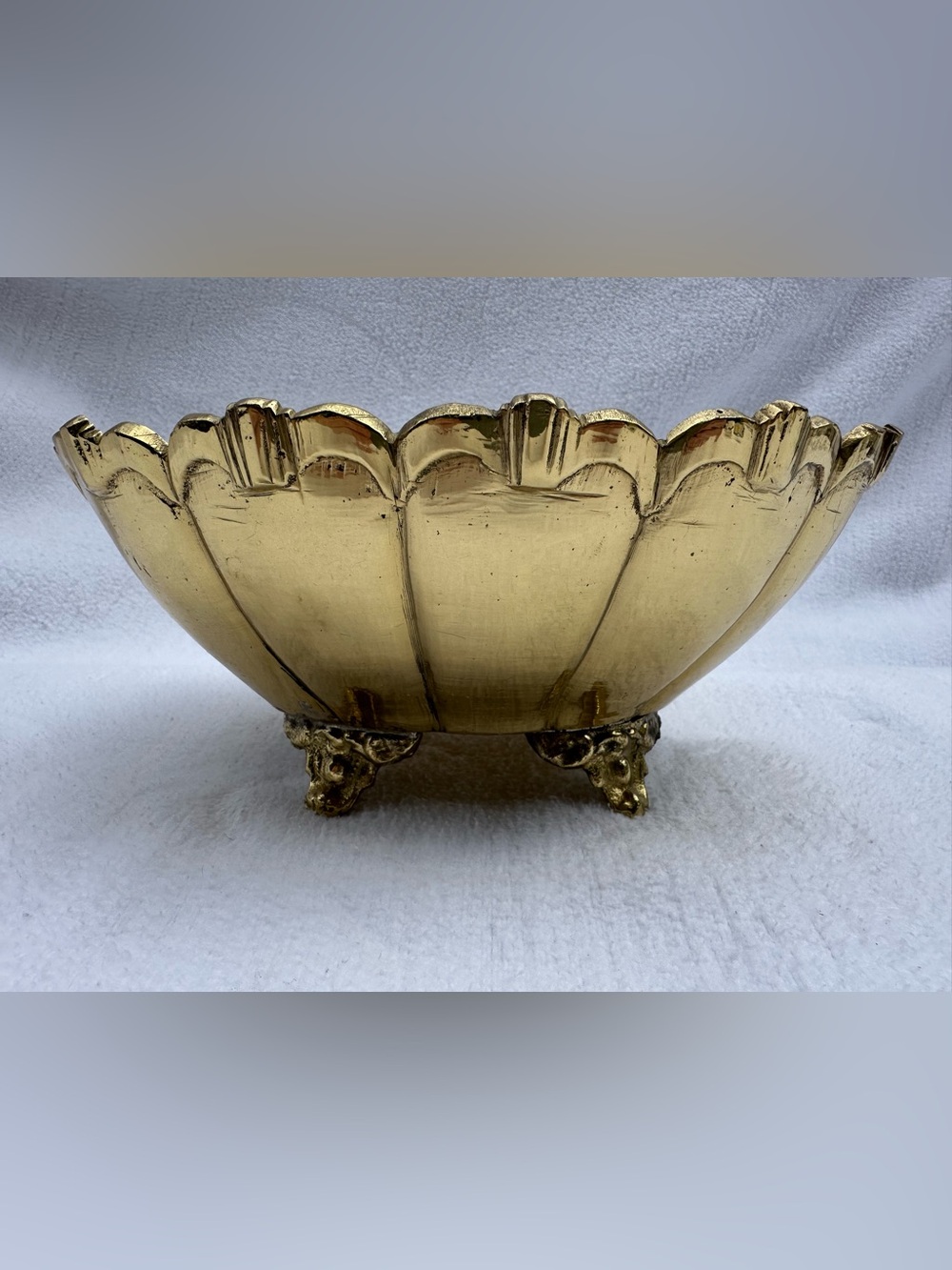 Heavy Vintage Ornate Oval Brass Decorative Footed Bowl